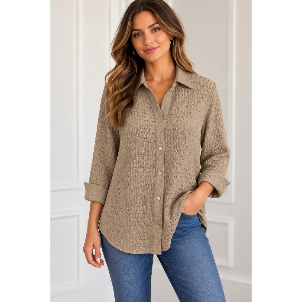 Anne Klein Women Crinkle Texture Button Up Long Sleeve Shirt M